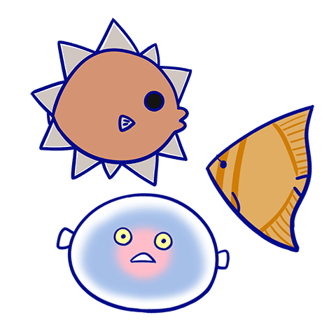 アカグツ、ナンヨウツバメウオ、マンボウのキャラクター画像